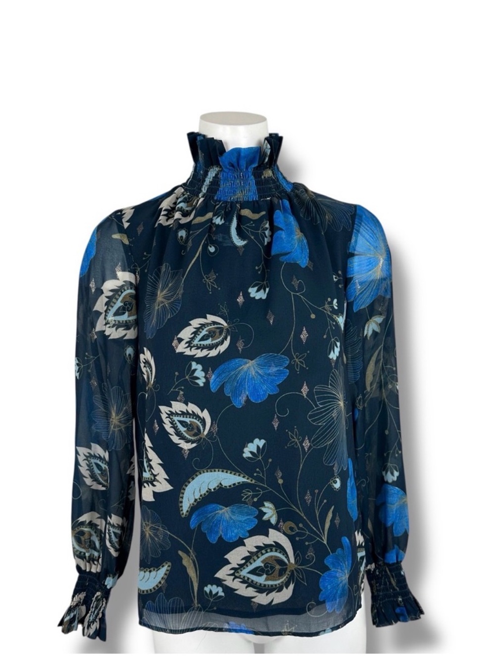 Tuckernuck Sadie Top S Nouveau Floral Smocked Mock Neck Sheer Lined Blouse - Picture 6 of 10